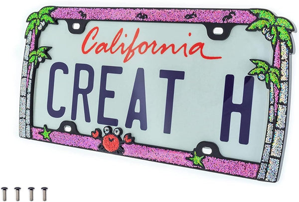 Creathome 3D Shining Palm Trees Crab License Plate Frame from Pure Zinc Alloy Metal Perfect Plate Holder, Matt Black with Pink Glitters