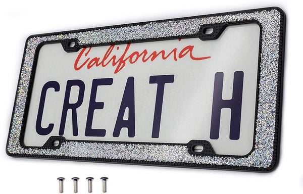 Creathome 3D Shining and Neon License Plate Frame from Pure Zinc Alloy Metal Perfect Plate Holder, Matt Black with Silver Glitter