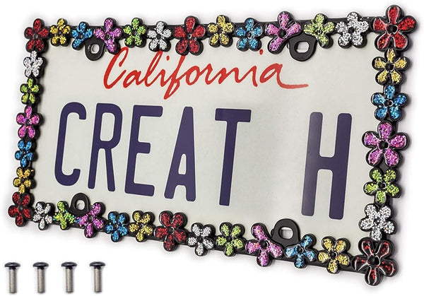Creathome 3D Shining Daisy Wrenth License Plate Frame from Pure Zinc Alloy Metal Perfect Plate Holder, Matt Black with Colorful Glitter