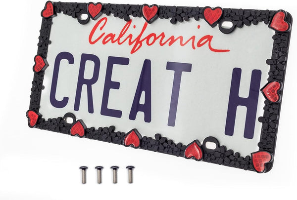 Creathome 3D Daisy Heart License Plate Frame from Pure Zinc Alloy Metal Perfect Plate Holder, Matt Black Daisy with Red Reflective Heart