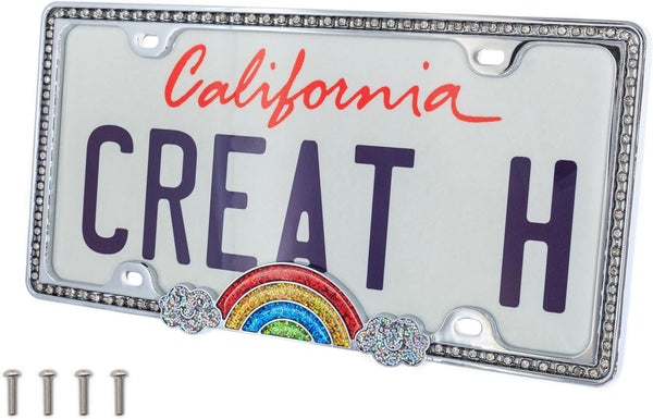 Creathome Shining Rainbow Pattern Diamond Chain License Plate Frame from Pure Zinc Alloy Metal Perfect Plate Holder,Chrome with Classic Diamond Chain